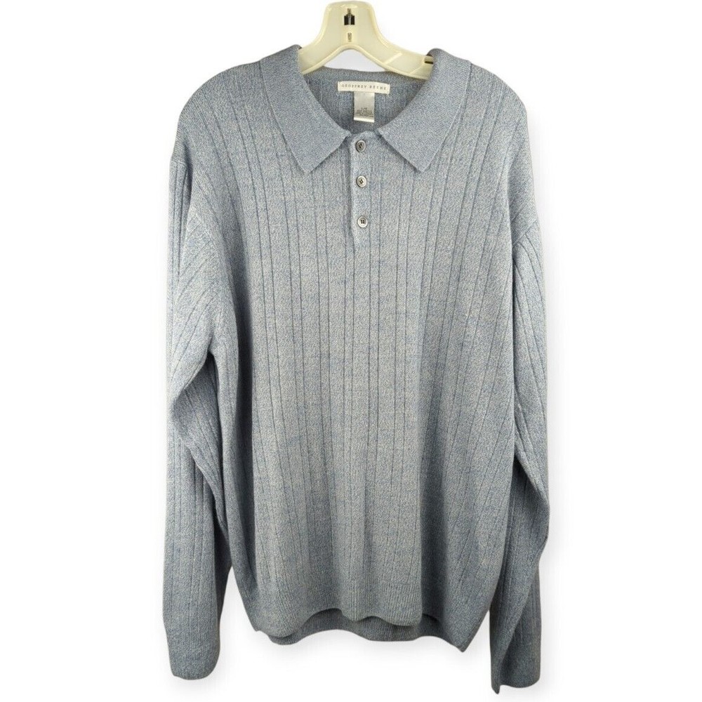 Geoffrey Beene Men's Light Blue Ribbed Polo Sweater Vintage 90s Butter Soft L
